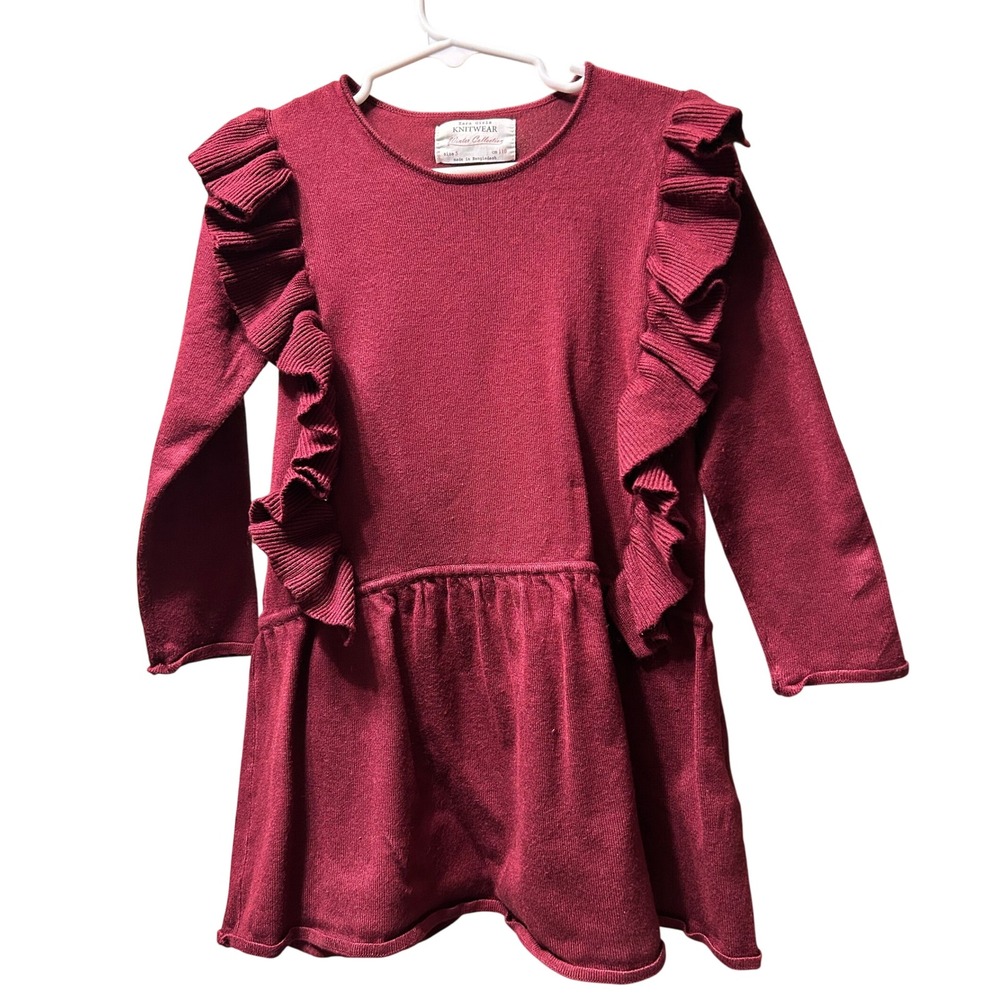 Zara Girls Knitwear Burgundy Ruffle Drop Waist Long Sleeve Dress Size 5